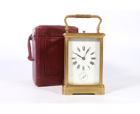 French brass repeater carriage clock with anchor escapement, the dial with subsidiary alarm, striking on a coiled gong, 18cm 
