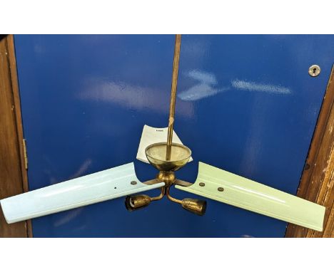 Art Deco style ceiling light with three ceramic greave shaped shades, in the manner of Stilnovo, 83cm tall. 