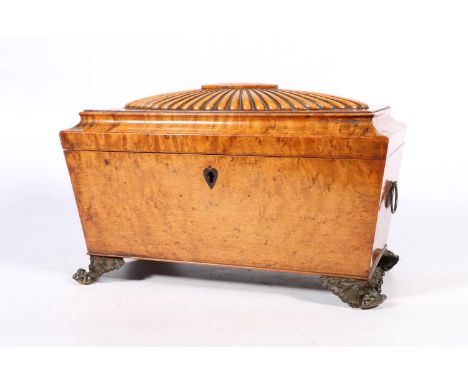 Victorian burr walnut tea caddy, with reeded hinged top enclosing three original compartments, with inlaid covers, on metal a