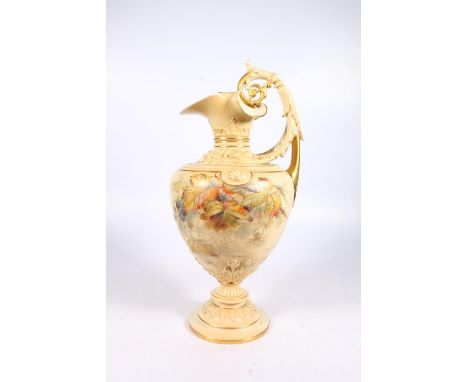 Royal Worcester blush ivory porcelain ewer jug, hand-painted with spider and leaf design, pattern number 1309, artist's initi