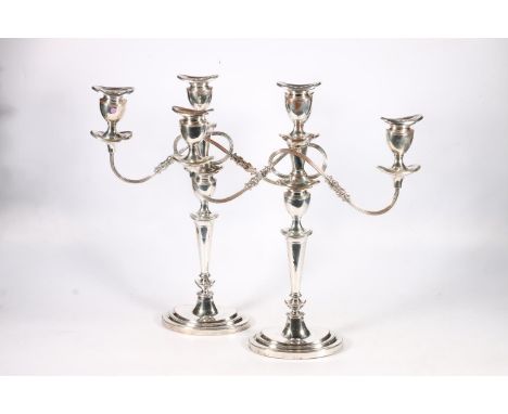 Pair of silver plated copper two branch, three light candelabra raises on stepped oval bases, 46cm tall. (2)  Good overall co