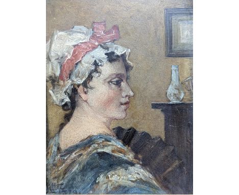 J LITTLE (19th Century)  Portrait of a female wearing bonnet  Oil on panel, signed and dated 1879 lower left, 17.5cm x 14cm. 