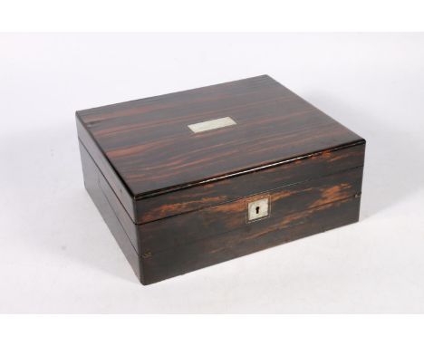 19th century coromandel combination writing slope work box, the plain top inset with mother-of-pearl plaque and escutcheon op