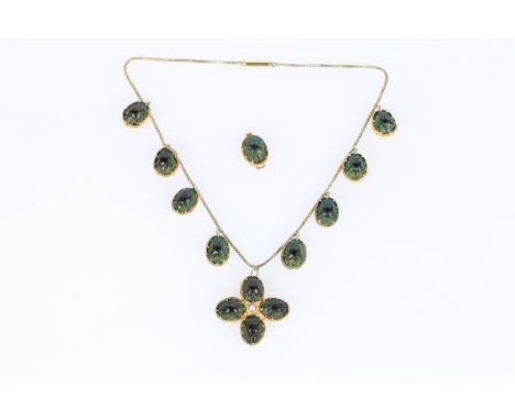 19th century unhallmarked gold curb link necklace, with barrel clasp, and scarab beetle and seed pearl pendant, 41cm long. 