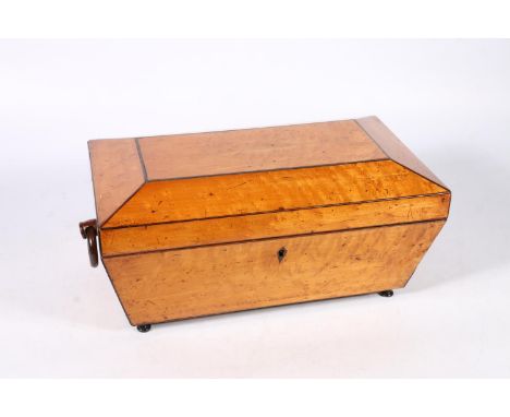 Victorian burr satinwood tea caddy of sarcophagus shape with ring handles, the cushion top opening to reveal a fitted interio