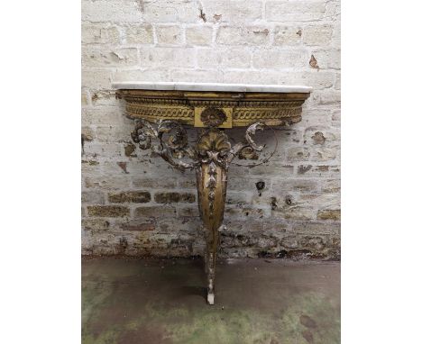 Antique gilt gesso demi lune console table with white marble breakfront top raised on central cabriole support, 75cm wide. 