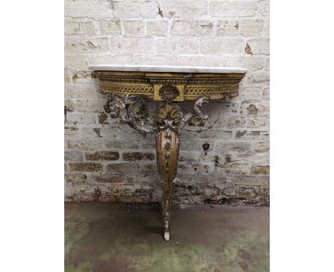 Antique gilt gesso demi lune console table with white marble breakfront top raised on central cabriole support, 75cm wide. 