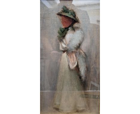 Manner of ROBERT GEMMELL HUTCHISON RSA RSW RBA ROI (Scottish 1855-1936) Full length portrait of a lady wearing green hat Oil,