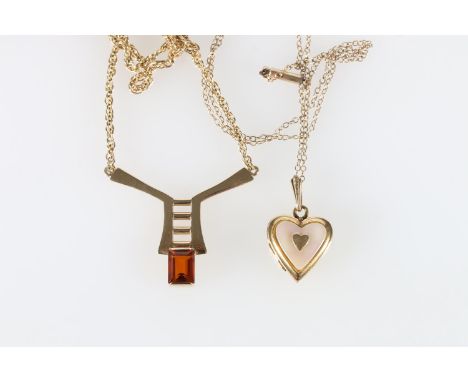 9ct gold citrine set necklace, maker MG, Edinburgh, 9.5g, and a Victorian barrel clasp necklace, with 9ct gold mother-of-pear