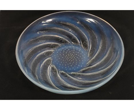 Lalique of Paris, art glass Poisson fish pattern shallow bowl, raised signature 'R Lalique', 29cm diameter. Good  overall con