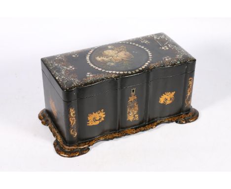Victorian&nbsp;papier-mâché tea caddy, the hinged top decorated with floral, mother-of-pearl and abalone shell panels, enclos