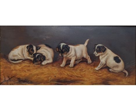 Manner of GEORGE ARMFIELD (1808-1893)  Puppies  Oil on board, signed indistinctly 'K A Lear?' verso, 20cm x 46cm. 