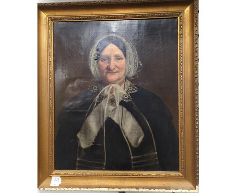 Portrait of a lady, oil on canvas in need of restoration. 61cm x 72cm inclusive of frame.tears and repairs losses to frame. 