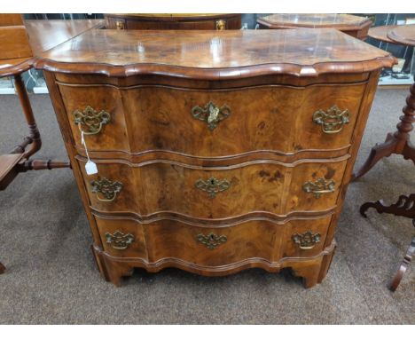 C19 walnut veneered Commode chest with 3 drawers and serpentine front W8 D49 H74