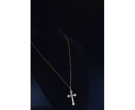9ct gold cross pendant and 9ct gold chain, pendant length including bale 35mm, chain circumference 450mm, gross weight 3.52 g