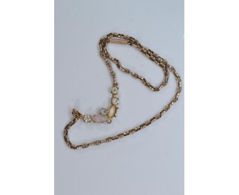 9ct gold neck chain with later added gilt metal stone set front section, gross weight 5.55 grams, two stones deficient 