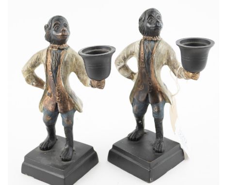 Pair of bronze monkey butler candle holders, 16.5cm height 