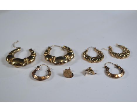 Five pairs of earrings, including three pairs of 9ct gold (9ct gold gross weight 4.3 grams) and two pairs of yellow metal ear