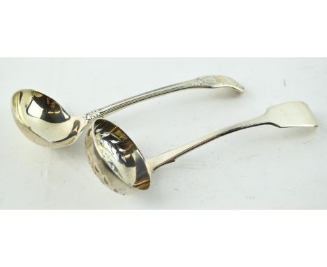 Victorian silver fiddle pattern sugar sifter spoon,&nbsp;William Pope, Exeter 1850, and a George IV silver kings pattern sauc