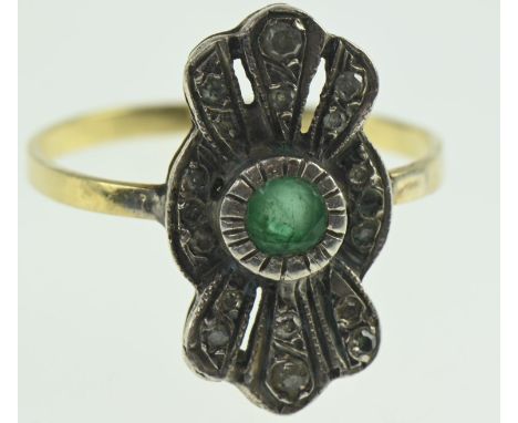 Emerald and diamond Art Deco ring, set in white metal with a yellow metal shank, tests positive for 9ct gold, size T, gross w