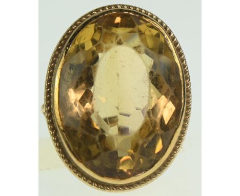 9ct gold ring set with large citrine measuring approx 29 x 27mm diameter, size K, gross weight 11.64 grams 