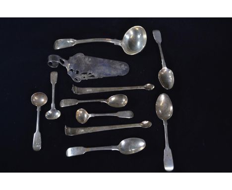 Mixed silver flatware, various maker's and dates, including a Victorian sauce ladle, slice, three teaspoons, four mustard/sal