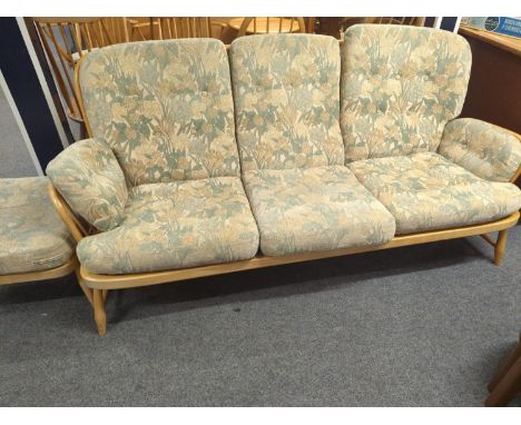 Blonde Ercol jubilee Three seater sofa W197cm D88cm H89cm with matching footstool 53 X53 H39cm approx.