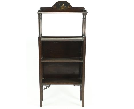 Small hardwood oriental style shelving unit with painted panel to small gallery and to outside of side panels. W48 D20 H107 c