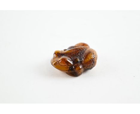 Carved amber netsuke of a toad. Signed to base. 40mm long 