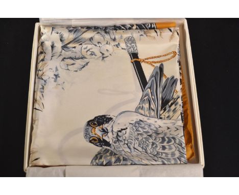 Wathne silk falconry scarf with an ochre border, 88 x 88cm, in original boxgood 