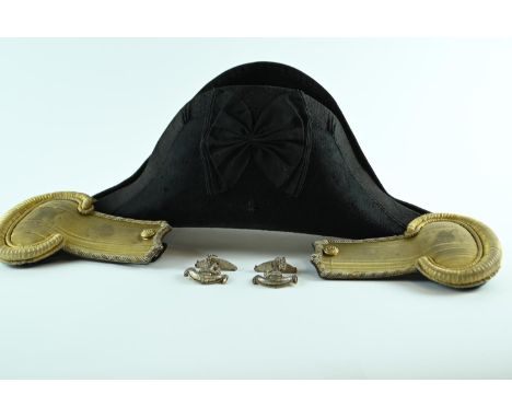 C19th Royal Navy bicorn hat with black bow and gilt wirework decoration, contained in original tin box. Hat from H. A Friedeb