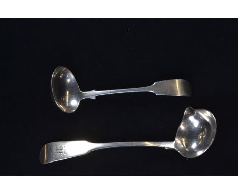 Two silver fiddle pattern sauce ladles, including: George IV Irish sauce ladle with pouring lip, James Scott, Dublin 1823, le