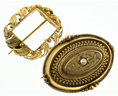 Two yellow metal mourning brooches including one filigree, gross weight 11.70 grams One missing glass and one has solder repa