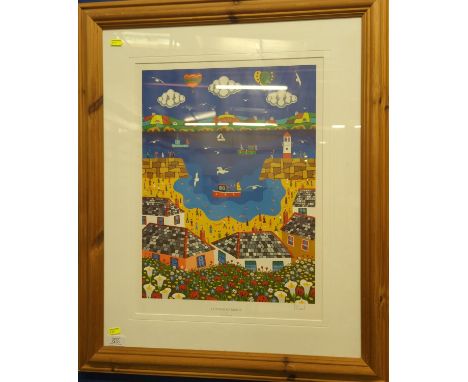 Brian Pollard- Cornish harbour, signed, print no/35. 67cm x 80cm inclusive of frame. 