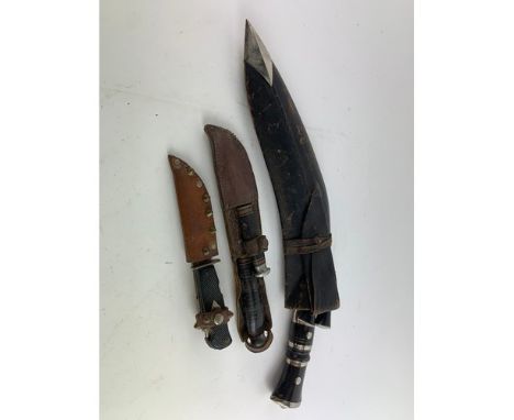 Kukri Knife L41cm complete with leather scabbard and both small skinning knives, Hunting knife L23cm + smaller knife 15cm in 