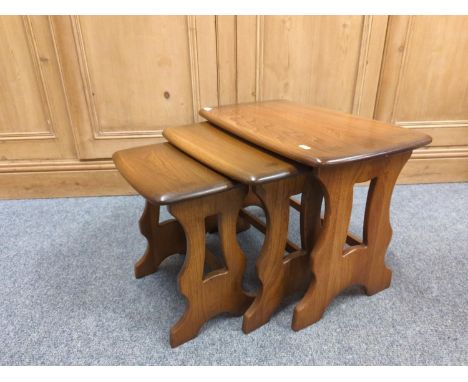 Mid-century Nest of three tables in Elm by Ercol. Largest W56 D36 H43 cm 