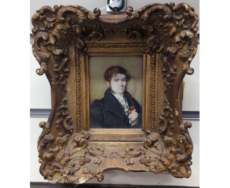 Miniature portrait of a gentleman in a gilt frame. Painting size 9.5cm x 7cm. overall size 18cm x 20cm. Dated 1833 verso.Poss