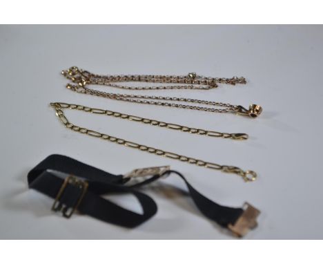 9ct gold and black material bracelet slide with rolled gold clasp, 9ct gold gem-set pendant and chain and a 9ct gold bracelet