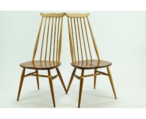 2 Ercol Windsor Goldsmith dining chairs with high back, original blue stamp and marked underneath chair. Model 369. Some area