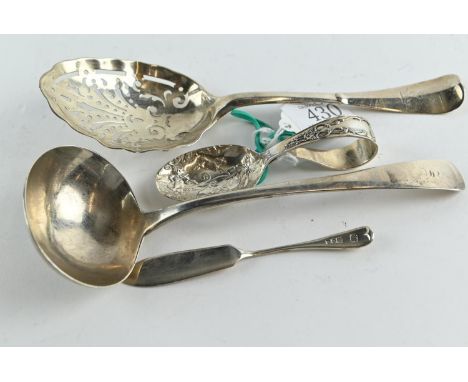 Four pieces of silver flatware, including: a George III sauce ladle, London 1806; Dutch silver straining spoon, with mark for