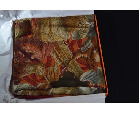 Hermes cashmere and silk blend scarf 65% cashmere 35% silk, 88 x 88cm, illustrated with game and with red border, by H de Lin