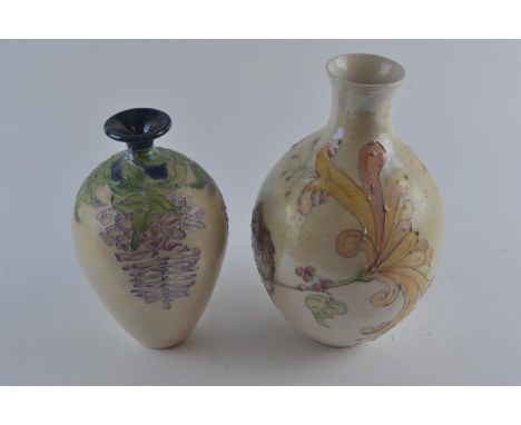 Lise B Moorcroft; two lustre studio vases, both signed and dated 2000, wisteria vase ht.20cm and honeysuckle vase ht. 23.5cmg