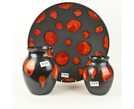 Poole Galaxy charger, dia. 40.5cm, together with two Poole Galaxy vases, H21 x 16cm dia. and H16.5 x dia. 13.5. Condition is 