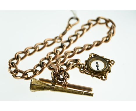 Albert chain with fob and T-bar with propelling pencil and compass charms, yellow metal with test inconclusive, gross weight 
