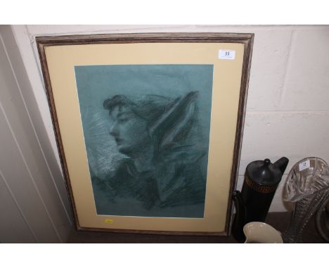 British school. portrait of a lady 20th Century crayon on blue paper, 47cm x 34cm 