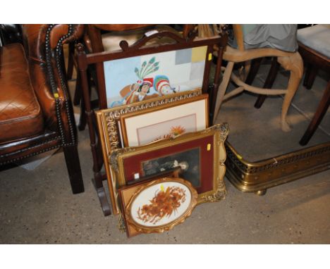 A quantity of various pictures and prints and a mahogany fire screen 