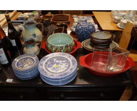 A quantity of various china to include a Clarice Cliff Newport pottery bowl (chipped and worm) blue and white transfer plates