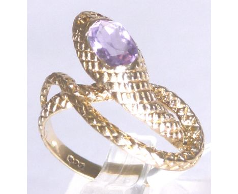 9ct gold vintage 1979 amethyst set snake ring, size F/G