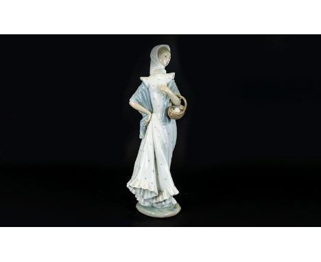 Tall Nao by Lladro Lady Figurine, Approx 14 Inches High, Stamped to Base. Features An Elegant Lady Holding a Basket of Food. 