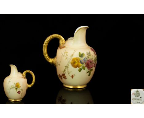 Royal Worcester Hand Painted Blush Ivory Helmet Shaped Jug, Decorated with Images of Spring Flowers. Date 1900 & Shape No 109